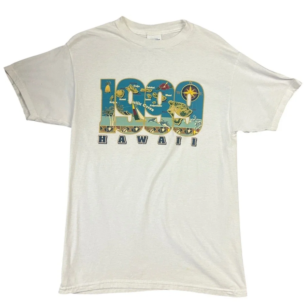 Tultex Vintage 1999 Hawaii Souvenir Graphic Tee‎ M White 90s Cotton Island Map